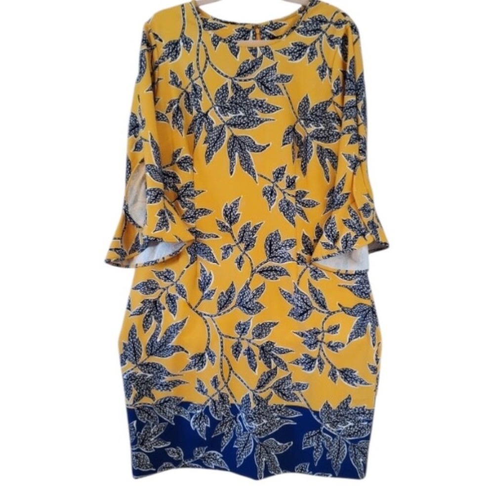 NWT ILE New York Women's Yellow Blue Floral Dress 3/4‎ sleeve sz 16 classy